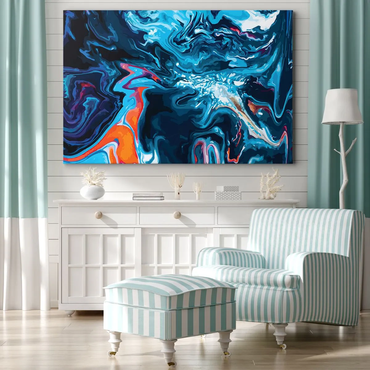 Obraz na płótnie - Abstrakcyjny wzór w odcieniach niebieskiego z akcentami pomarańczu - 70x50cm - Podróż do wnętrza nieba - Nowoczesna dekoracja ścienna do salonu i sypialni ARTTOR