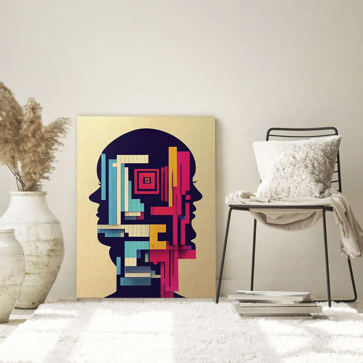 Obraz na szkle - Abstrakcyjna ilustracja dwóch ludzkich sylwetek w geometrycznym stylu - 70x100cm - Nowe więzi - Nowoczesna dekoracja ścienna do salonu i sypialni ARTTOR