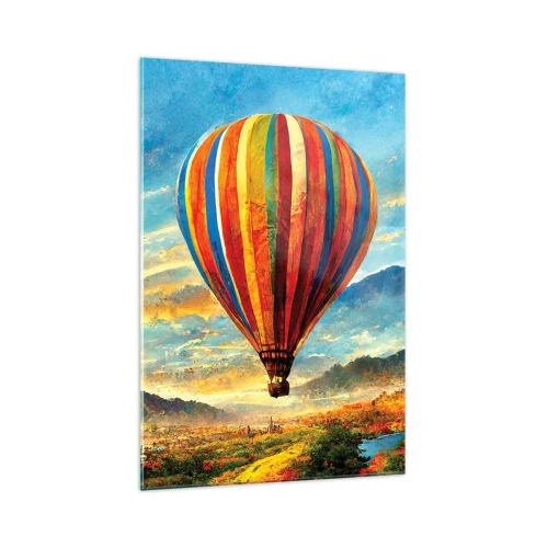 Obraz na szkle - Kolorowy balon nad malowniczym krajobrazem - 70x100cm - W ciszy widać więcej - Nowoczesna dekoracja ścienna do salonu i sypialni ARTTOR
