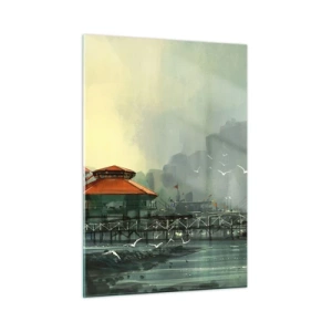 Obraz na szkle - Portowe budynki z czerwonymi dachami na tle mgły - 50x70cm - Słotny dzień w porcie - Nowoczesna dekoracja ścienna do salonu, kuchni i sypialni ARTTOR