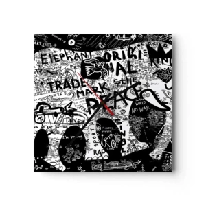 Zegar ścienny - Czarno-biała grafika z motywami graffiti - 30x30cm - Bogaty świat ulicy - Nowoczesna dekoracja ścienna do salonu i sypialni ARTTOR