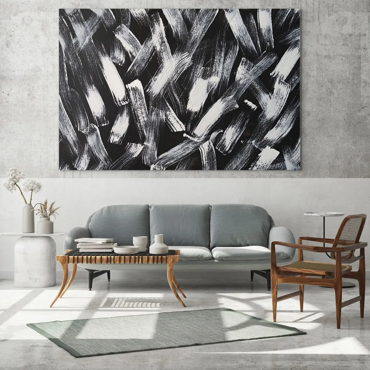 Obraz na szkle - Czarno-biała abstrakcja z pociągnięć pędzla na ciemnym tle - 120x80cm - Abstrakcja w duchu industrialnym - Nowoczesna dekoracja ścienna do salonu, kuchni i sypialni ARTTOR