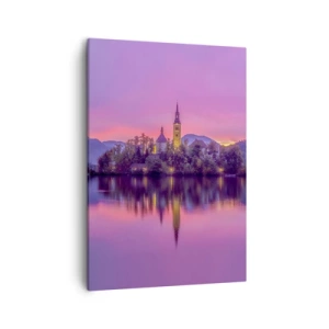 Obraz na płótnie - Malowniczy kościół na wyspie o zachodzie słońca - 50x70cm - Bajkowa wyspa o zmierzchu  - Nowoczesna dekoracja ścienna do salonu, kuchni i sypialni ARTTOR