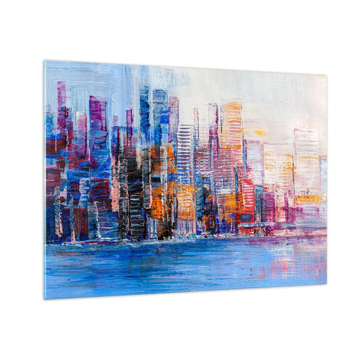 Obraz na szkle - Kolorowa panorama miasta malowana pociągnięciami pędzla - 70x50cm - Radosna metropolia - Nowoczesna dekoracja ścienna do salonu i sypialni ARTTOR