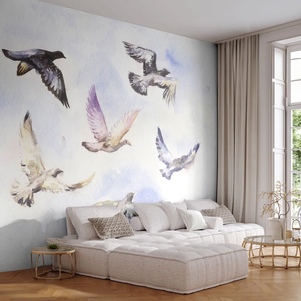 Fototapeta Premium Sand - Akwarelowe ptaki swobodnie szybujące po niebie - 100x70cm - Wolność w szarości i błękicie - Nowoczesna dekoracja ścienna do salonu, kuchni i sypialni ARTTOR