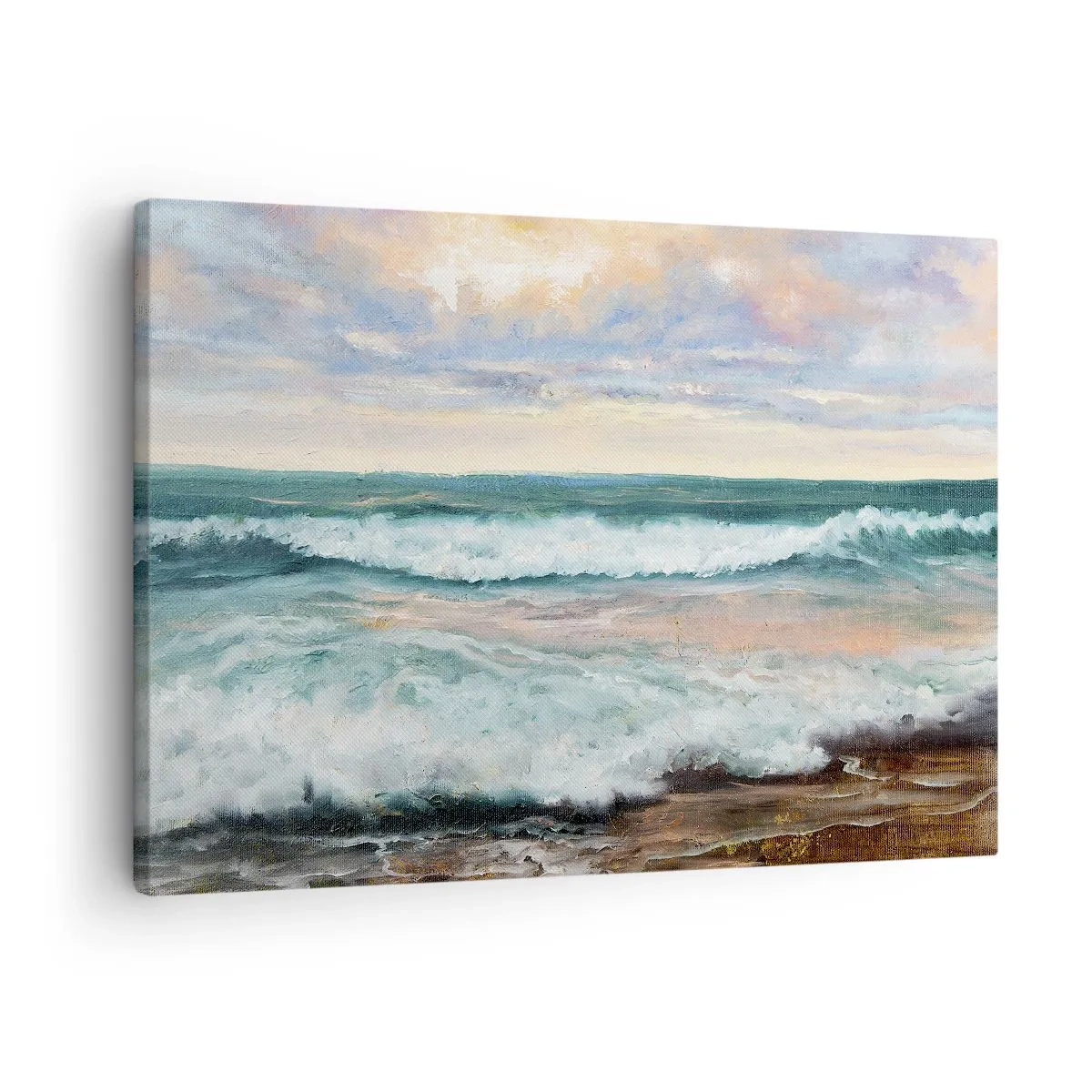 Obraz na płótnie - Morskie fale na tle zachmurzonego nieba o zachodzie słońca - 70x50cm - Tutaj wygładzisz duszę - Nowoczesna dekoracja ścienna do salonu i sypialni ARTTOR