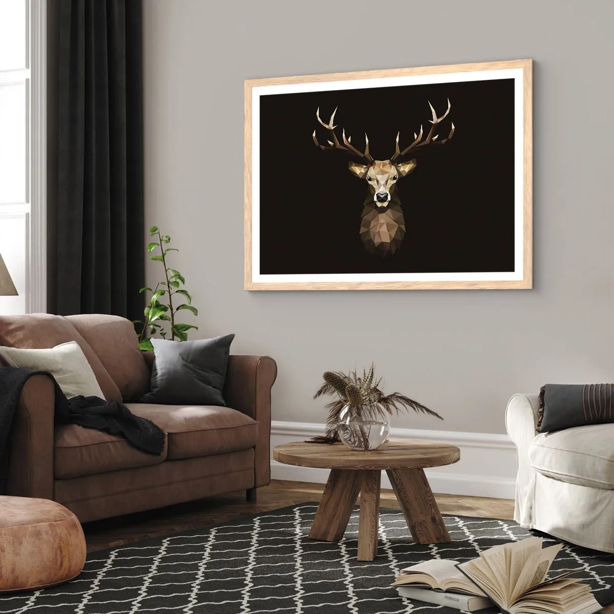 Plakat w ramie jasny dąb - Kubistyczny jeleń - 91x61 cm