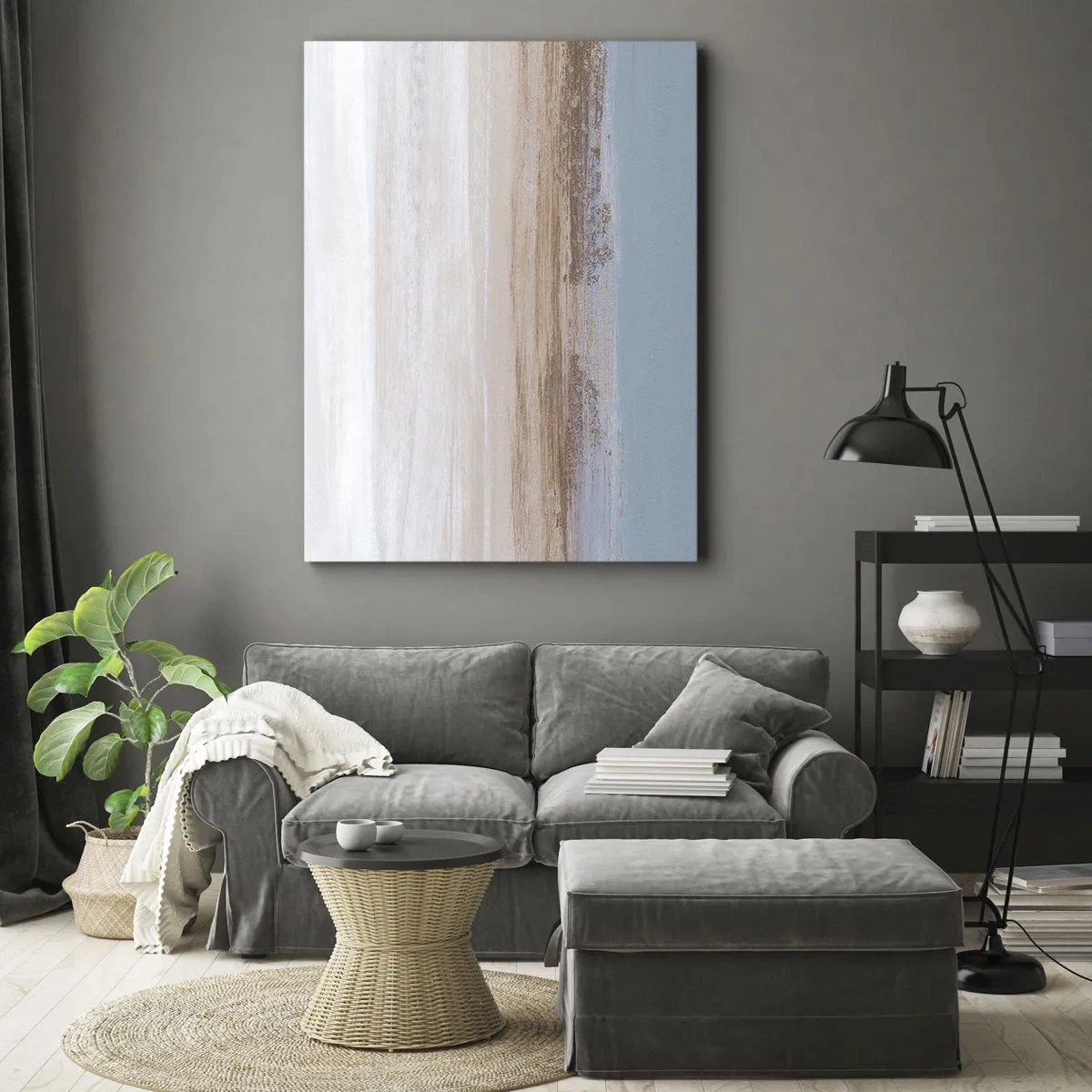 Obraz na płótnie - Abstrakcyjna kompozycja inspirowana plażowym pejzażem w pastelowych barwach - 50x70cm - Niejednoznaczny pejzaż - Nowoczesna dekoracja ścienna do salonu, kuchni i sypialni ARTTOR