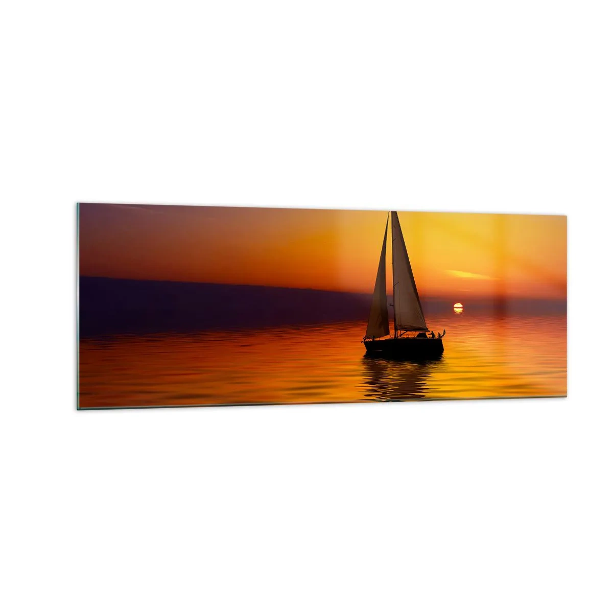 Obraz na szkle - Żaglówka na spokojnym morzu o zachodzie słońca - 140x50cm - Jak tu cicho o zmierzchu… - Nowoczesna dekoracja ścienna do salonu i sypialni ARTTOR