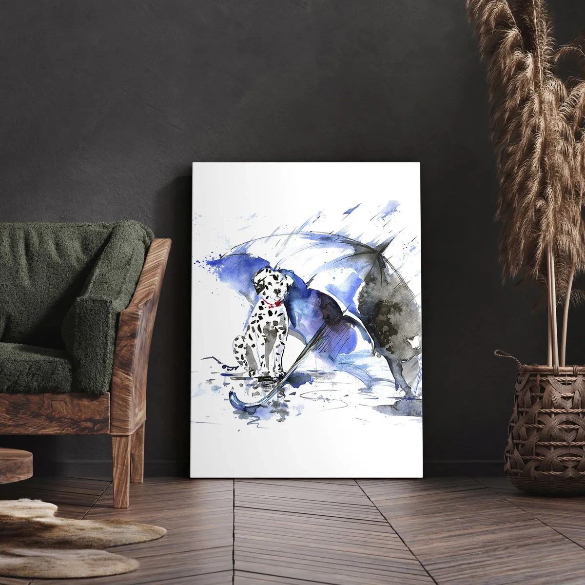Obraz na płótnie - Akwarela psa dalmatyńczyka z parasolem w tle - 70x100cm - Po to jest przyjaciel - Nowoczesna dekoracja ścienna do salonu i sypialni ARTTOR