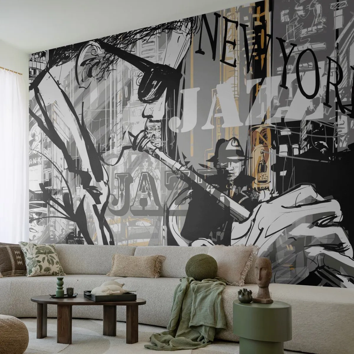 Fototapeta Premium Sand - Jazzowy klimat Nowego Jorku w czerni i bieli - 100x70cm - W rytmie Nowego Jorku - Nowoczesna dekoracja ścienna do salonu, kuchni i sypialni ARTTOR