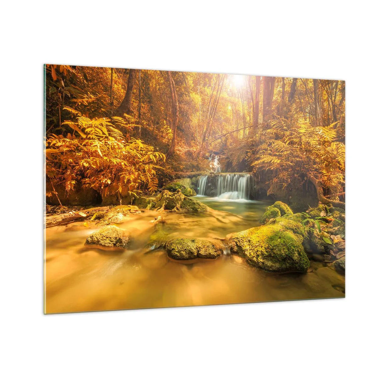Obraz na szkle - Leśna kaskada w złocie - 100x70cm - Leśna kaskada w złocie - Nowoczesna dekoracja ścienna do salonu, kuchni i sypialni ARTTOR