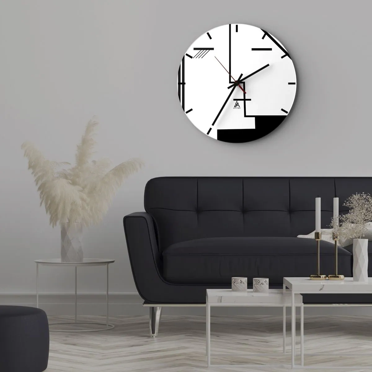 Zegar ścienny - Minimalistyczna grafika w czerni i bieli z geometrycznymi liniami - 30x30cm - Po prostu pocałunek - Nowoczesna dekoracja ścienna do salonu, kuchni i sypialni ARTTOR
