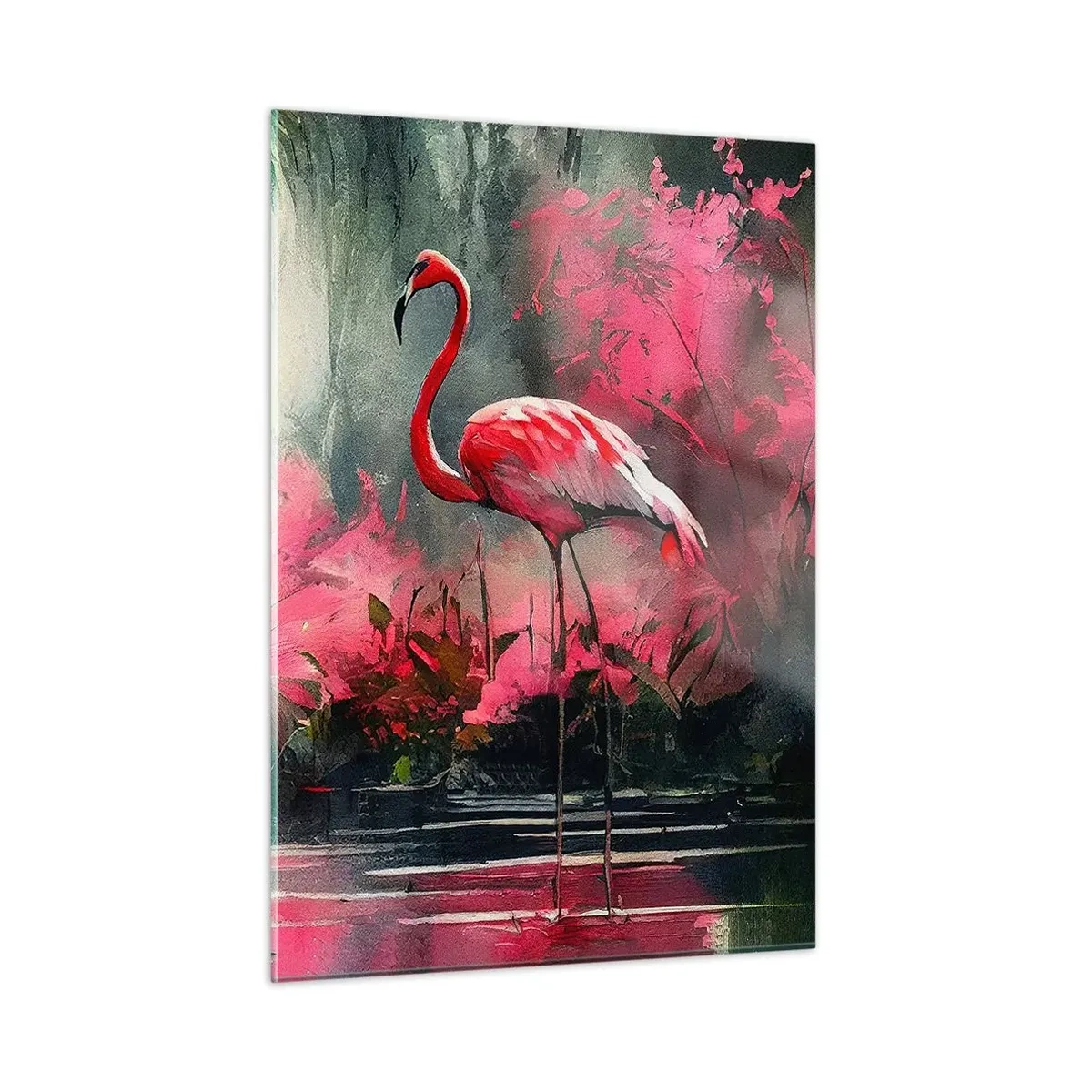 Obraz na szkle - Dwa flamingi w tropikalnym otoczeniu nad wodą - 50x70cm - Lekcja naturalnego wdzięku - Nowoczesna dekoracja ścienna do salonu, kuchni i sypialni ARTTOR