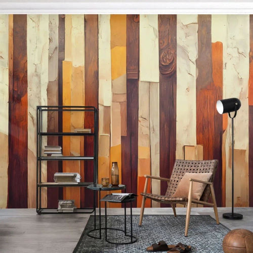 Fototapeta Premium Canvas - Geometryczna kompozycja w odcieniach drewna i złota - 100x70cm - Hymn leśnych drzew - Nowoczesna dekoracja ścienna do salonu i sypialni ARTTOR