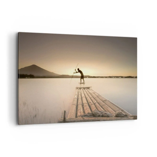 Obraz na płótnie - Człowiek na tratwie o zachodzie słońca - 100x70cm - Przed spoczynkiem - Nowoczesna dekoracja ścienna do salonu, kuchni i sypialni ARTTOR