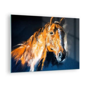 Obraz na szkle - Portret konia w intensywnych odcieniach brązu na ciemnym tle - 70x50cm - To co, jedziesz? - Nowoczesna dekoracja ścienna do salonu i sypialni ARTTOR