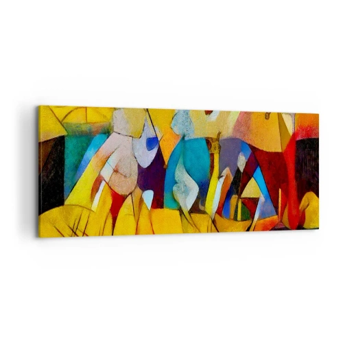 Obraz na płótnie - Kolorowa abstrakcja przedstawiająca postacie w geometrycznej formie - 120x50cm - Słońce - życie - radość - Nowoczesna dekoracja ścienna do salonu i sypialni ARTTOR