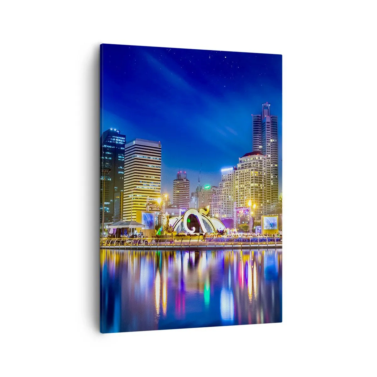 Obraz na płótnie - Wielokolorowa panorama miejskiej architektury w nocy - 50x70cm - Tęczowa noc metropolii - Nowoczesna dekoracja ścienna do salonu, kuchni i sypialni ARTTOR