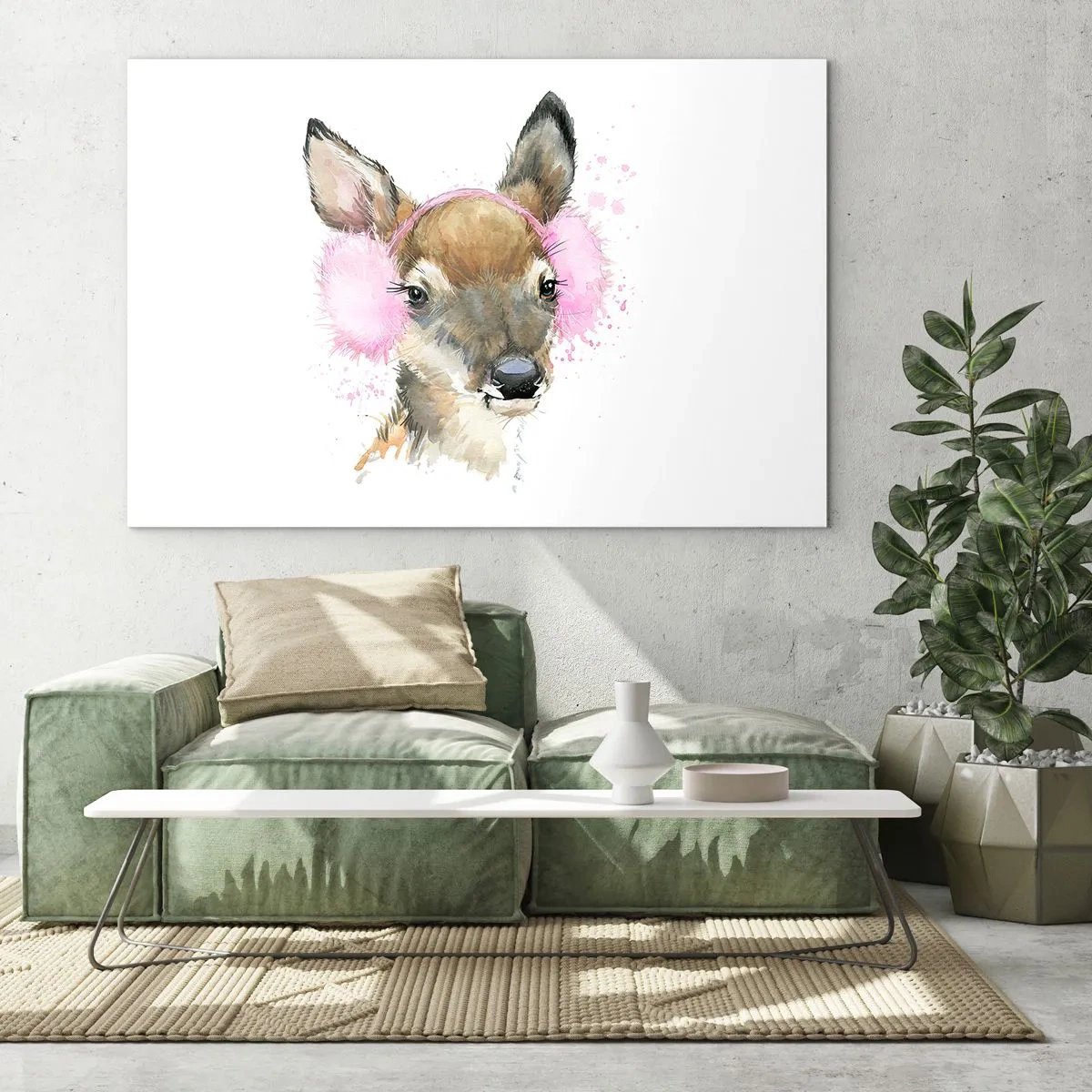 Obraz na szkle - Sarna w różowych nausznikach z futerkiem - 70x50cm - I mróz już niestraszny - Nowoczesna dekoracja ścienna do salonu i sypialni ARTTOR
