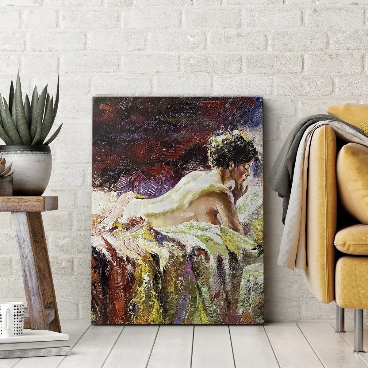 Obraz na płótnie - Impresjonistyczny akt kobiety na tle barwnej sceny - 50x70cm - Zamyślona Wenus - Nowoczesna dekoracja ścienna do salonu, kuchni i sypialni ARTTOR