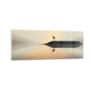 Obraz na szkle - Ptak na wyspie w spokojnym jeziorze o ciepłych odcieniach - 140x50cm - Pan na jeziorze - Nowoczesna dekoracja ścienna do salonu i sypialni ARTTOR