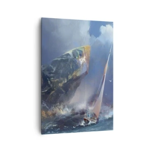 Obraz na płótnie - Żaglówka w sztormie u stóp potężnej skały - 70x100cm - Kto ma odwagę, wygrywa - Nowoczesna dekoracja ścienna do salonu i sypialni ARTTOR