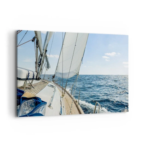Obraz na płótnie - Żaglówka na spokojnym morzu pod błękitnym niebem - 120x80cm - Ahoj, przygodo - Nowoczesna dekoracja ścienna do salonu, kuchni i sypialni ARTTOR