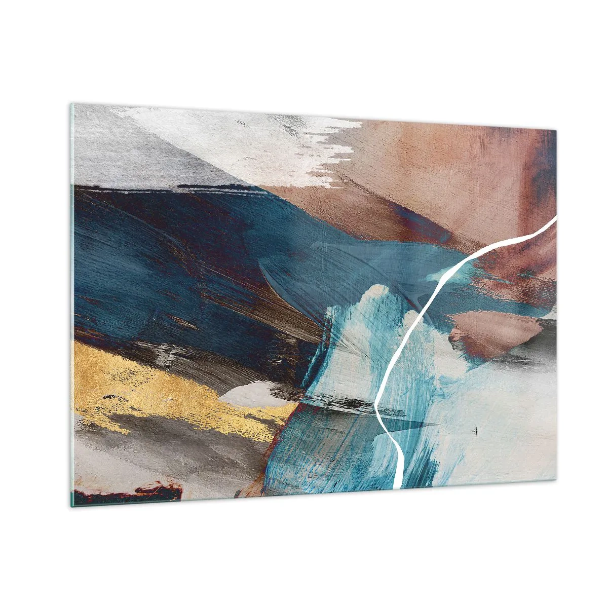 Obraz na szkle - Abstrakcyjna kompozycja w turkusie, złocie i brązach - 100x70cm - Z rozmachem i energicznie - Nowoczesna dekoracja ścienna do salonu, kuchni i sypialni ARTTOR