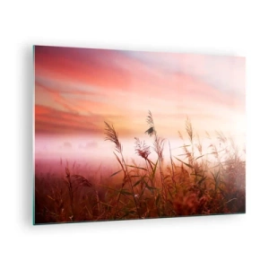 Obraz na szkle - Łąka w porannej mgle z pastelowym niebem - 70x50cm - Latawce, dmuchawce, wiatr - Nowoczesna dekoracja ścienna do salonu i sypialni ARTTOR