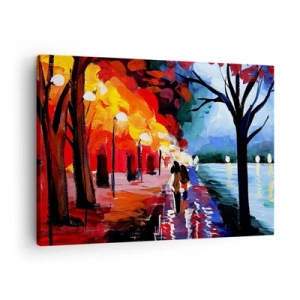 Obraz na płótnie - Jesienny spacer alejką z widokiem na wodę - 70x50cm - Płomienna jesień w parku - Nowoczesna dekoracja ścienna do salonu i sypialni ARTTOR