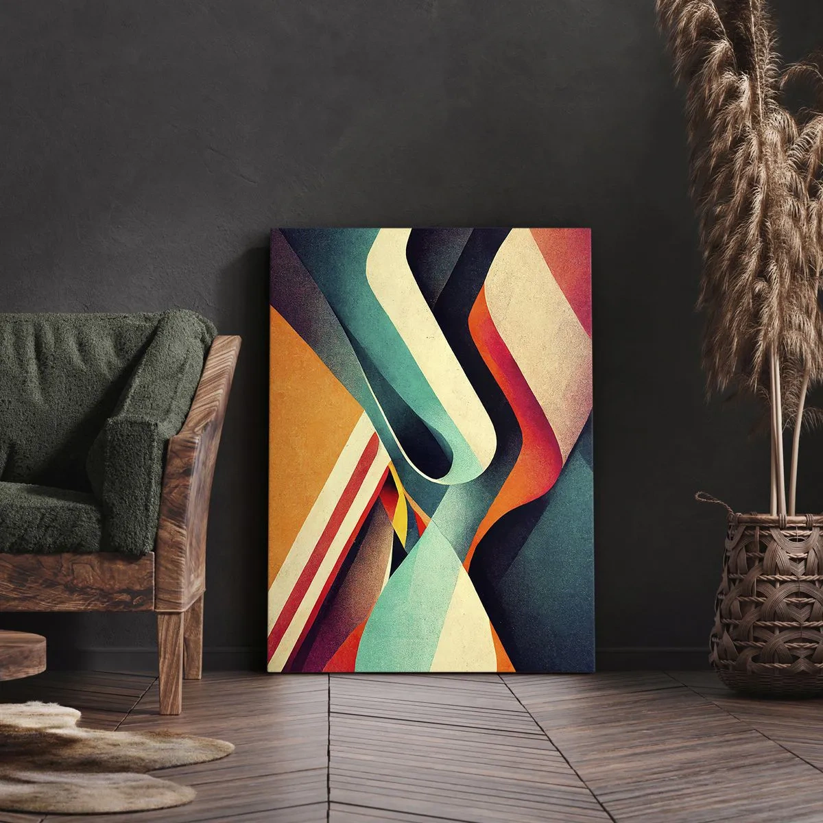 Obraz na płótnie - Abstrakcyjne kolorowe fale w stylu retro z dynamicznymi kształtami - 50x70cm - Kompozycja intensywna - Nowoczesna dekoracja ścienna do salonu, kuchni i sypialni ARTTOR
