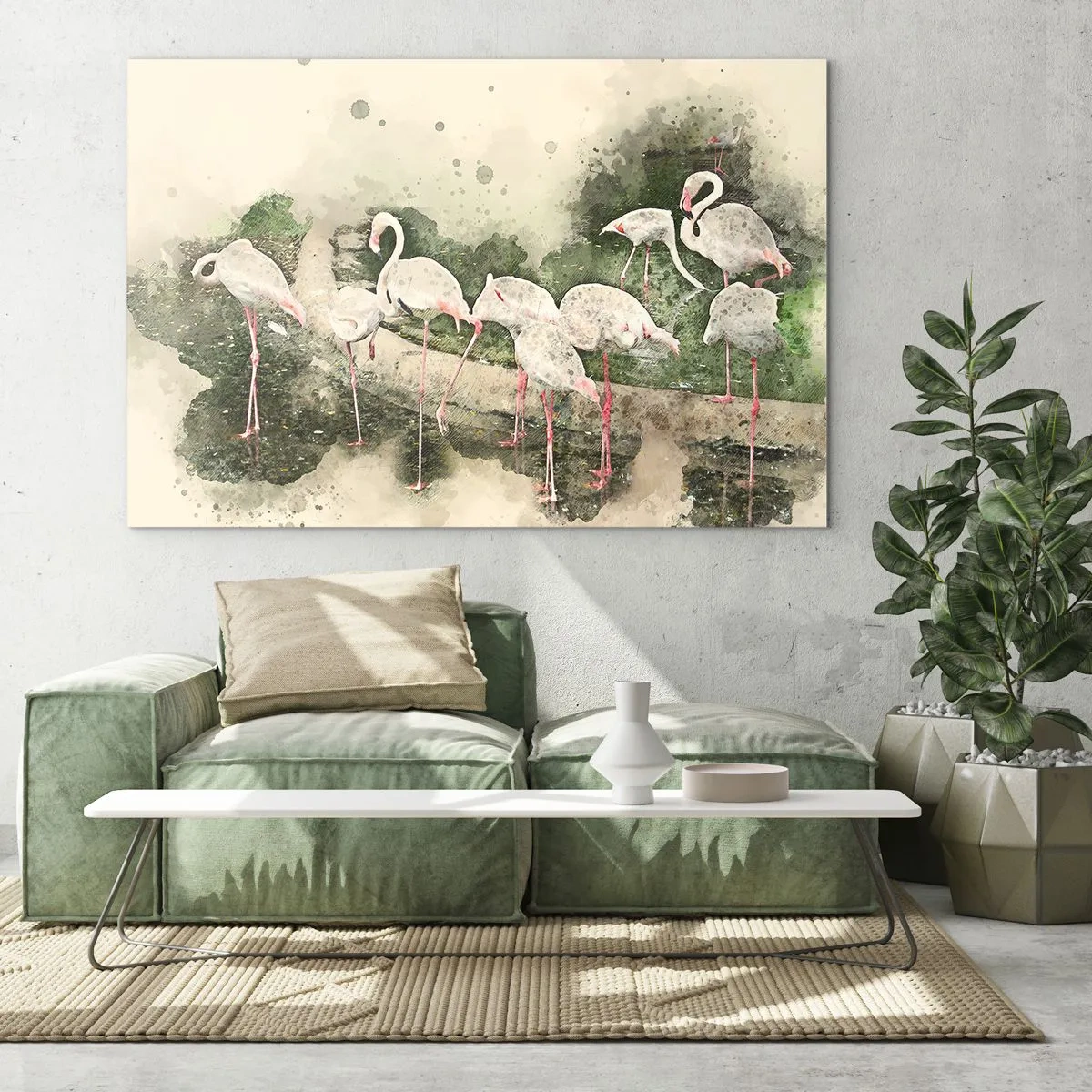 Obraz na szkle - Flamingi na tle akwarelowej kompozycji - 70x50cm - Egzotyczny sen - Nowoczesna dekoracja ścienna do salonu i sypialni ARTTOR