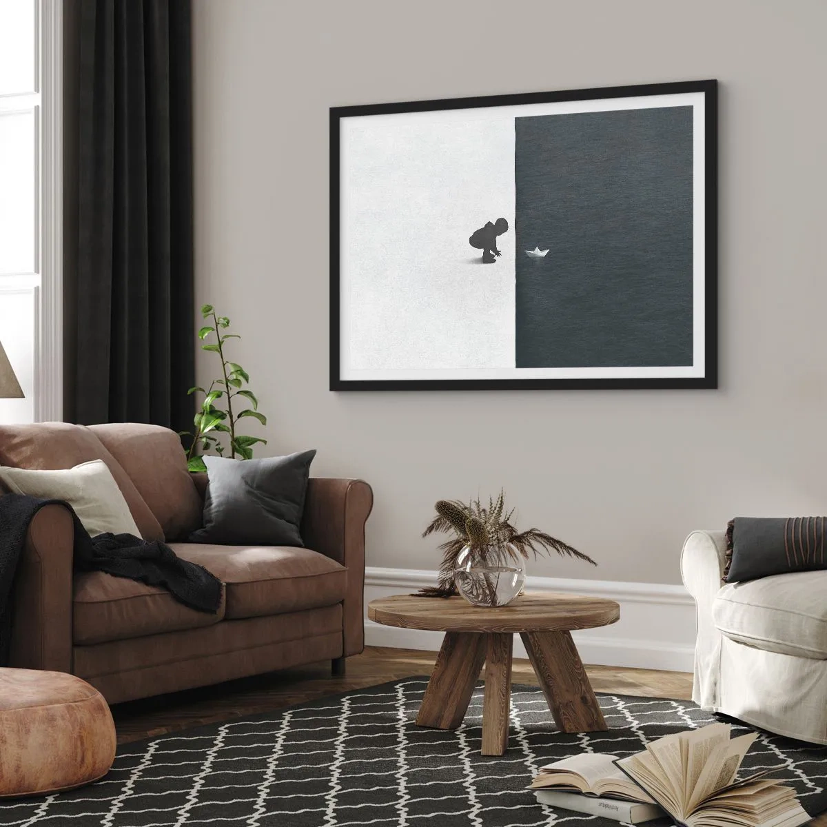 Plakat w czarnej ramie - Postać dziecka z papierową łódką na tle kontrastowych połówek - 70x50cm - Wielka wyprawa - Nowoczesna dekoracja ścienna do salonu i sypialni ARTTOR
