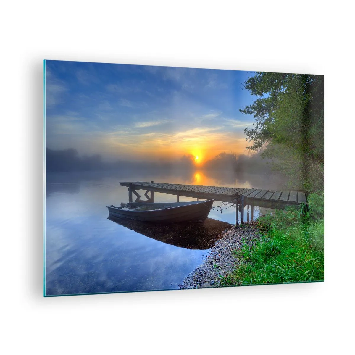 Obraz na szkle - Łódź przy pomoście o wschodzie słońca nad jeziorem - 70x50cm - Jak zwyczajne zamienia się w magiczne - Nowoczesna dekoracja ścienna do salonu i sypialni ARTTOR