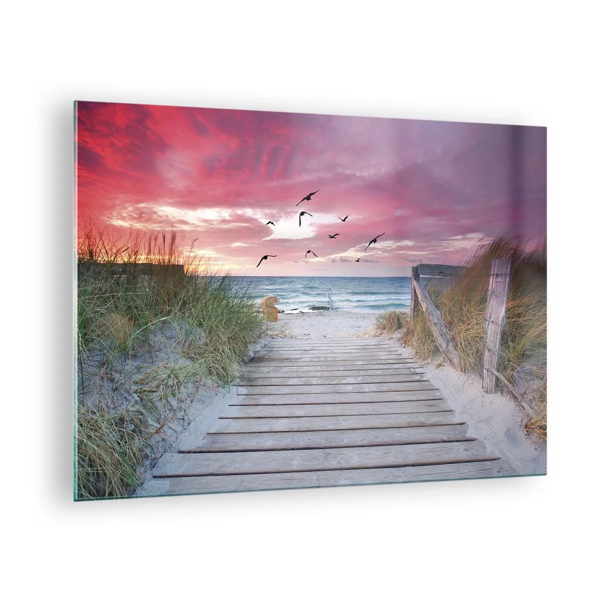 Obraz na szkle - Ścieżka na plażę o zachodzie słońca z lecącymi ptakami - 70x50cm - Bałtycka impresja - Nowoczesna dekoracja ścienna do salonu i sypialni ARTTOR