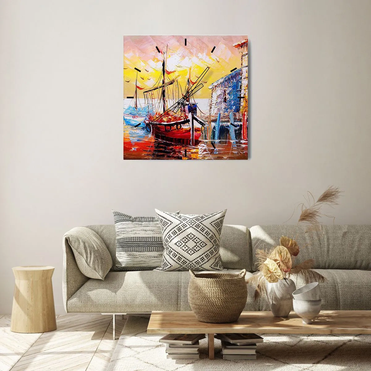 Zegar ścienny - Malowniczy port o zachodzie słońca z łodziami rybackimi - 30x30cm - Szczęśliwy powrót - Nowoczesna dekoracja ścienna do salonu i sypialni ARTTOR
