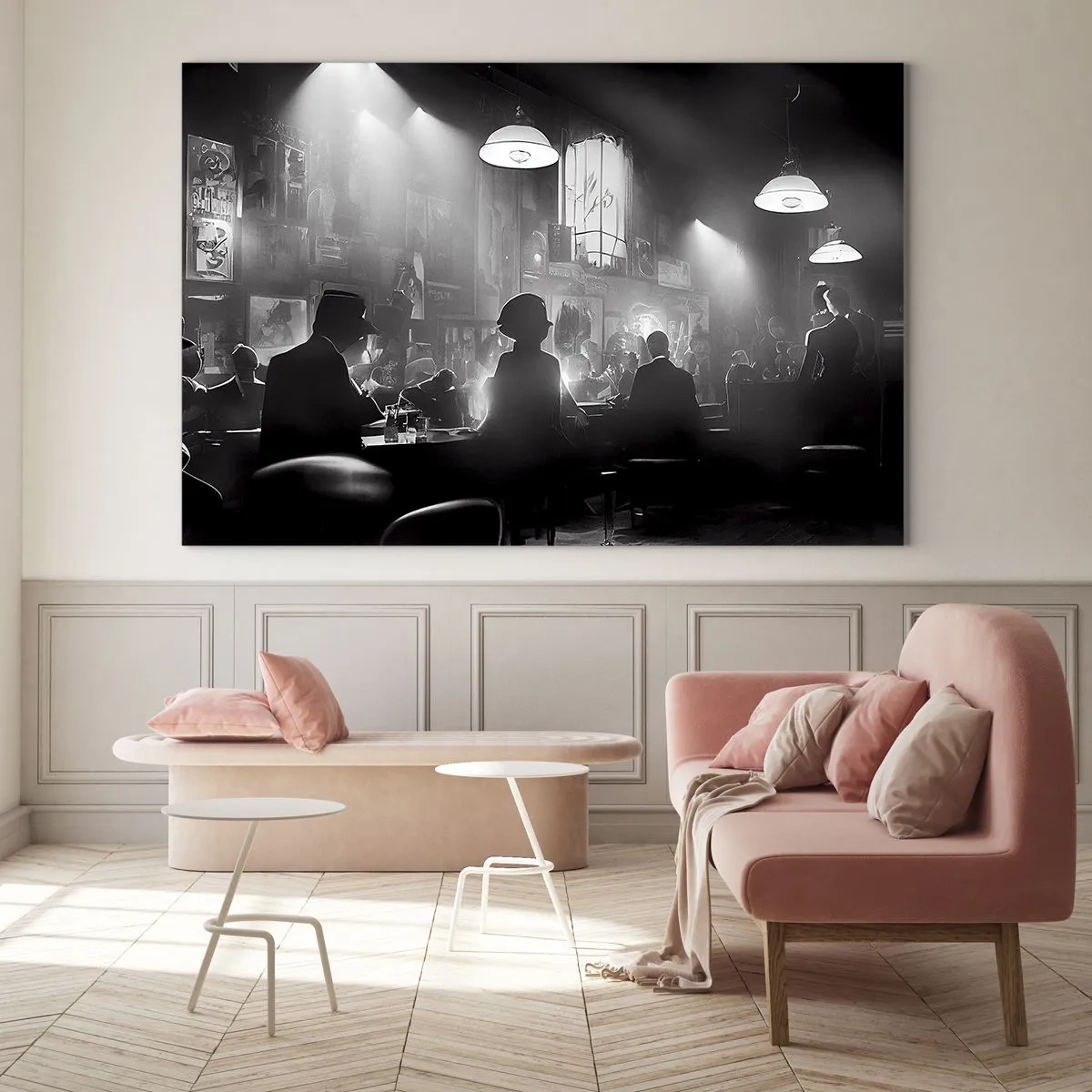 Obraz na szkle - Czarno-biała scena jazzowa w klubowym wnętrzu - 70x50cm - W jazzowym klimacie - Nowoczesna dekoracja ścienna do salonu i sypialni ARTTOR