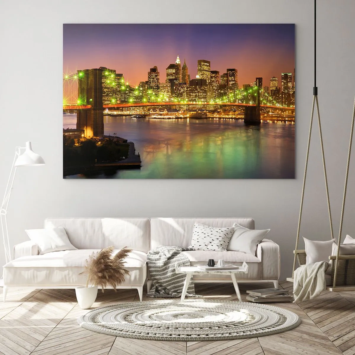 Obraz na szkle - Podświetlony most nad rzeką z panoramą miasta o zmierzchu - 70x50cm - Tu światło nigdy nie gaśnie - Nowoczesna dekoracja ścienna do salonu i sypialni ARTTOR
