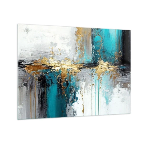 Obraz na szkle - Abstrakcja z turkusem i złotem na białym tle - 70x50cm - Wszystko płynie - Nowoczesna dekoracja ścienna do salonu i sypialni ARTTOR