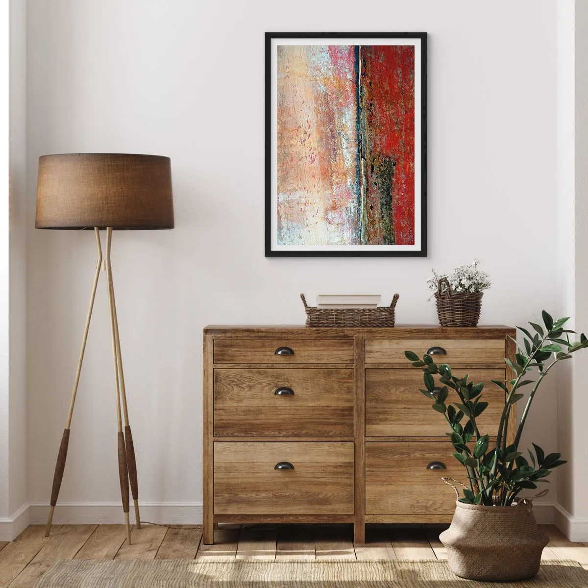 Plakat w czarnej ramie - Abstrakcyjna faktura z przetarciami w czerwieni i beżu - 50x70cm - Może to morze - Nowoczesna dekoracja ścienna do salonu i sypialni ARTTOR