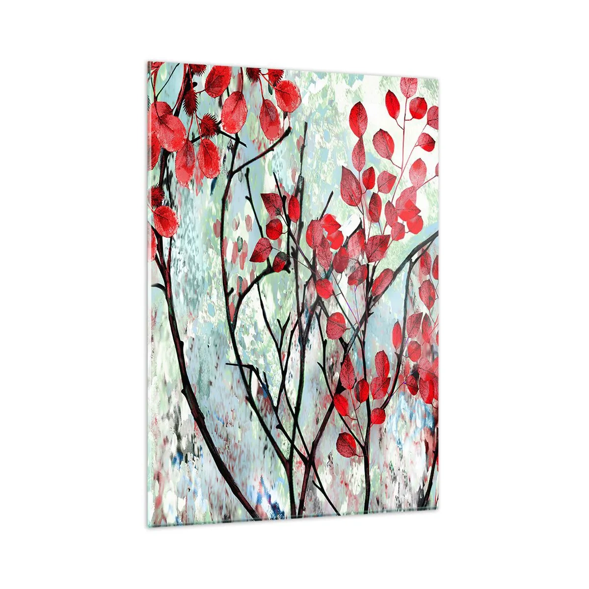Obraz na szkle - Gałęzie z czerwonymi liśćmi na malarskim tle - 50x70cm - Drzewo w szkarłacie - Nowoczesna dekoracja ścienna do salonu, kuchni i sypialni ARTTOR