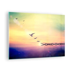 Obraz na szkle - Ptaki w locie na tle łańcucha i zachodu słońca - 70x50cm - Zwycięstwo wolności - Nowoczesna dekoracja ścienna do salonu i sypialni ARTTOR