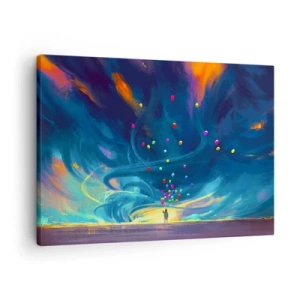 Obraz na płótnie - Postać z balonami na tle wirujących, kolorowych chmur - 70x50cm - Na niebieski wiatr - Nowoczesna dekoracja ścienna do salonu i sypialni ARTTOR