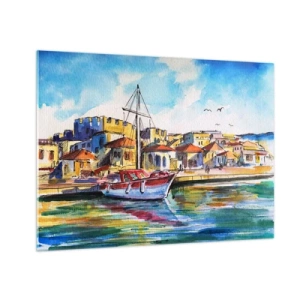 Obraz na szkle - Kolorowa marina z żaglówką i śródziemnomorską zabudową - 70x50cm - Tęczowe popołudnie - Nowoczesna dekoracja ścienna do salonu i sypialni ARTTOR