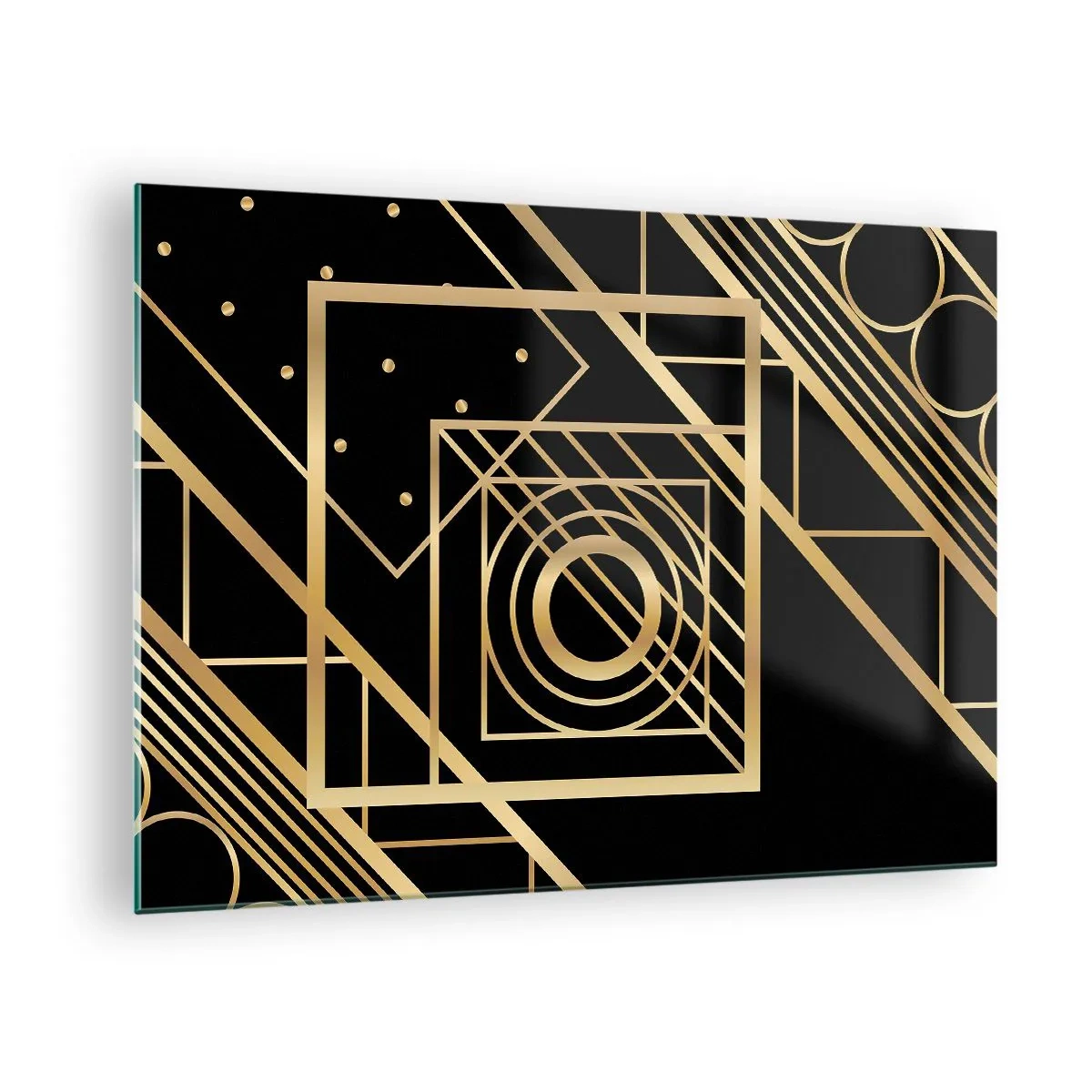 Obraz na szkle - Złote geometryczne wzory na czarnym tle - 70x50cm - Złota geometria - Nowoczesna dekoracja ścienna do salonu i sypialni ARTTOR