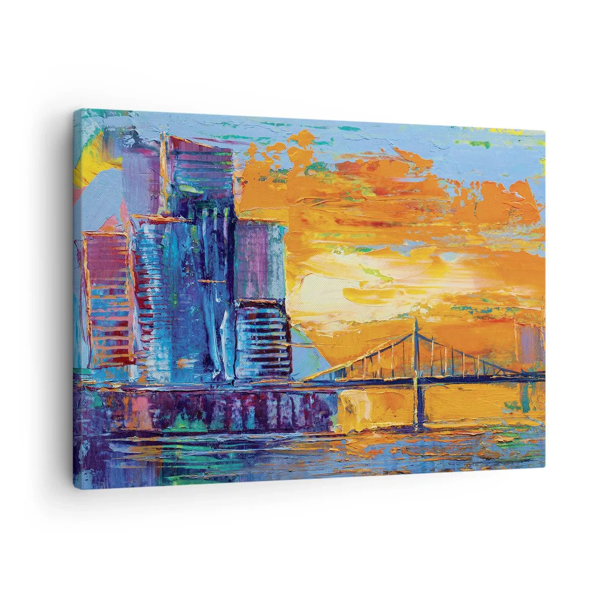 Obraz na płótnie - Kolorowe miasto z mostem w zachodzącym słońcu - 70x50cm - Kultura i natura - Nowoczesna dekoracja ścienna do salonu i sypialni ARTTOR