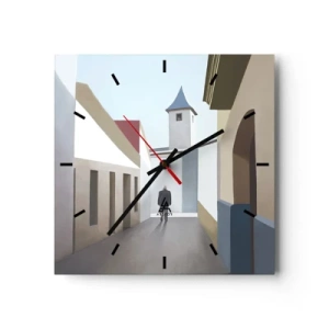 Zegar ścienny - Minimalistyczna uliczka z sylwetką mężczyzny w tle - 30x30cm - Słoneczny spacer - Nowoczesna dekoracja ścienna do salonu i sypialni ARTTOR