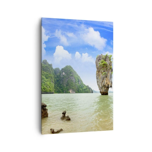 Obraz na płótnie - Egzotyczna formacja skalna otoczona wodą i zielenią pod błękitnym niebem - 70x100cm - Skalne dziwy natury - Nowoczesna dekoracja ścienna do salonu i sypialni ARTTOR
