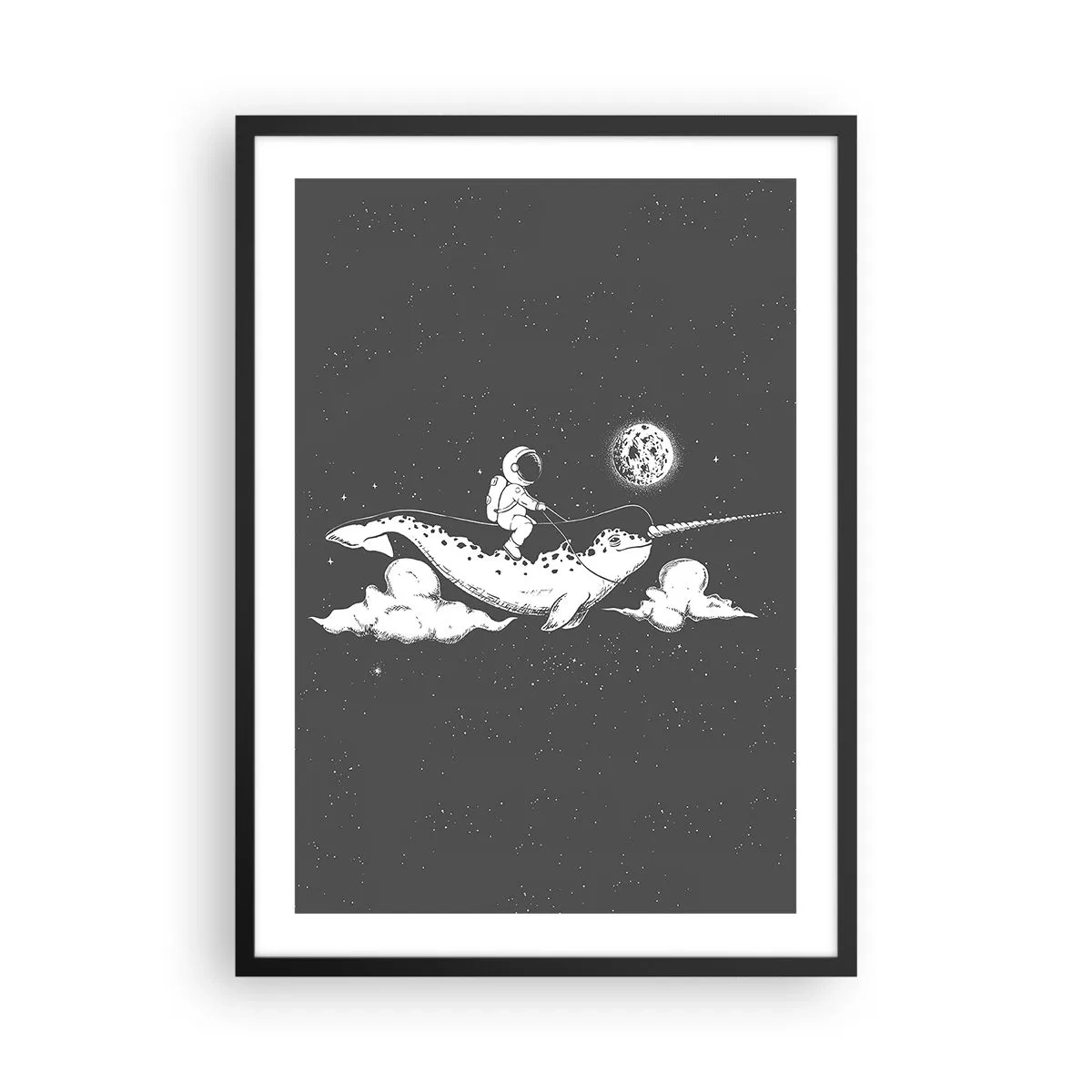 Plakat w czarnej ramie - Astronauta na grzbiecie narwala w kosmosie - 50x70cm - Kosmiczny jeździec - Nowoczesna dekoracja ścienna do salonu i sypialni ARTTOR